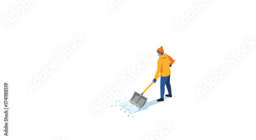 Isometric winter scene person shoveling snow in cold weather attire on white background