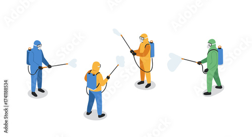 Isometric illustration of workers in protective gear disinfecting surfaces in safety equipment