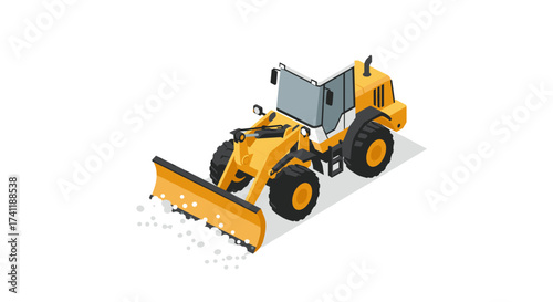 Isometric snow plow truck with blade clearing snow on road