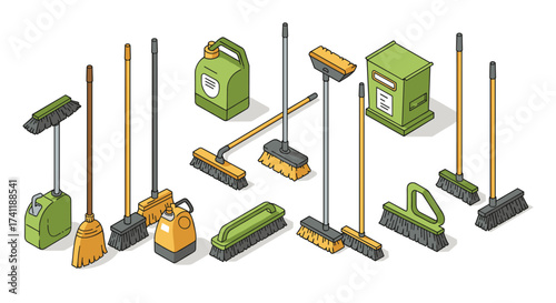 Isometric cleaning supplies collection featuring brooms and buckets