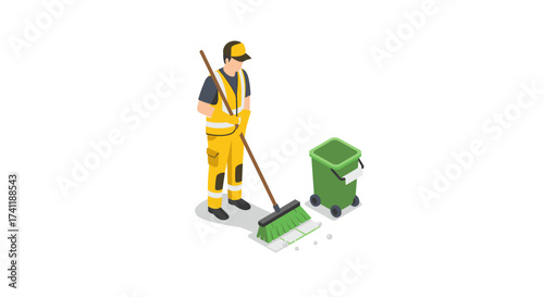Street cleaner in uniform sweeping with broom near green garbage bin isometric style