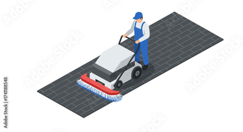 Isometric street cleaner with machine on paved road
