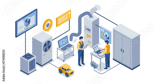 Industrial automation concept with engineers in isometric smart factory environment