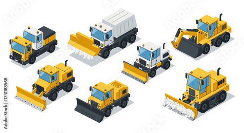 Isometric snow removal trucks and bulldozers set for winter construction and maintenance