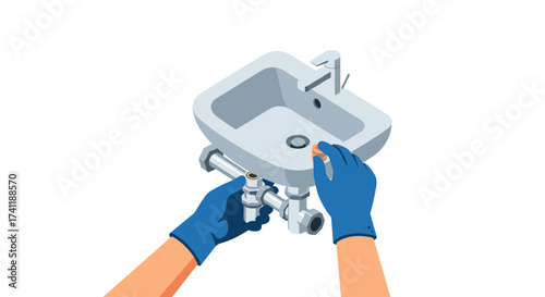Plumber fixing sink pipes with blue gloves in isometric style