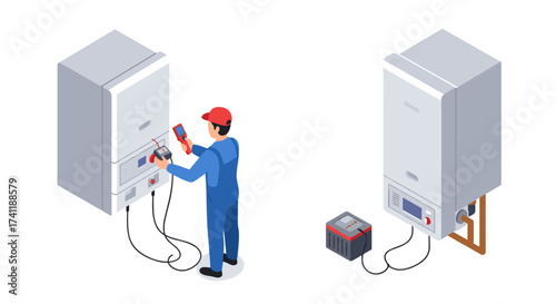 Isometric heating system maintenance technician with boiler and diagnostic tools