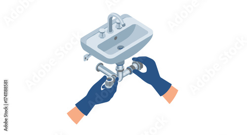Isometric plumbing repair scene with hands fixing sink pipes