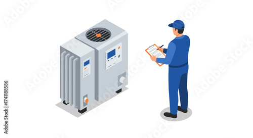 Isometric hvac technician inspecting air conditioning unit for maintenance and efficiency