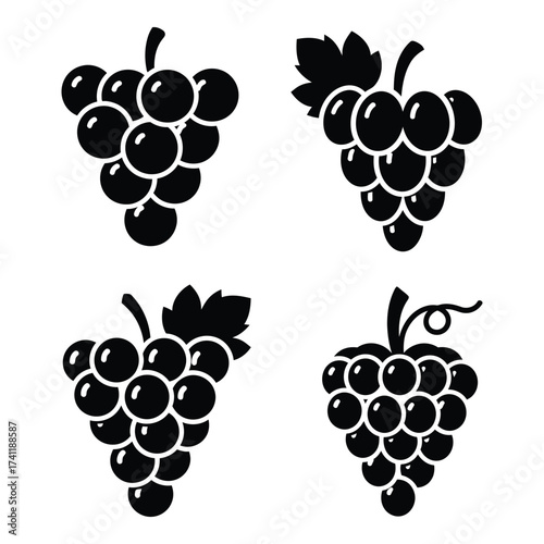Four stylized black grapes clusters silhouette design elements fruit food vineyard produce fresh ripe harvest collection silhouette