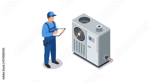 Technician inspecting hvac unit with notebook in isometric style