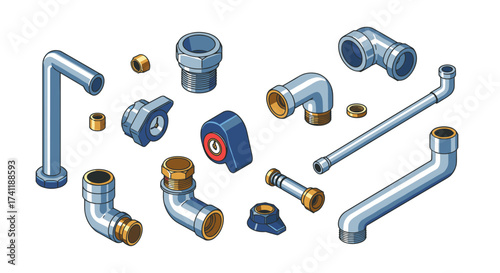 Plumbing pipe components on white background in isometric style