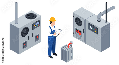 Isometric hvac equipment with technician in safety gear inspecting industrial units