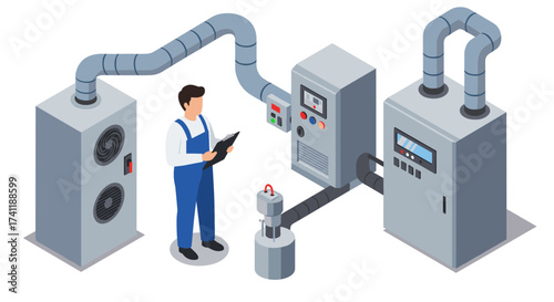 Isometric industrial scene with technician and machinery for factory automation
