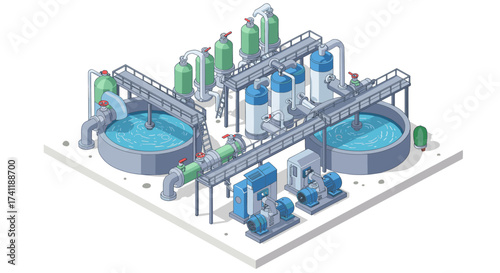 Isometric water treatment plant with industrial equipment and pipelines