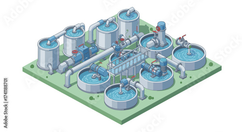 Isometric water treatment plant diagram with tanks and pipelines