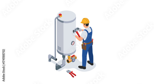 Isometric technician repairing home water heater in modern style