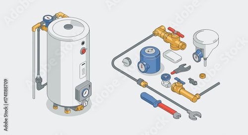 Isometric water heater with plumbing tools and components