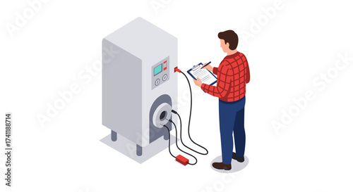 Technician conducting maintenance on industrial equipment in isometric style