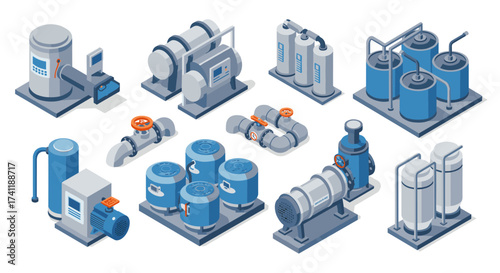 Isometric industrial equipment set featuring tanks and pipelines for modern manufacturing
