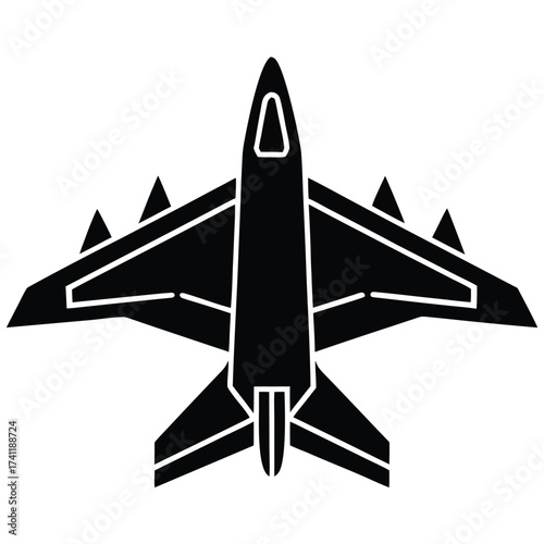 Vector art of overhead view of a modern black fighter jet, highlighting its sharp angles, advanced weaponry, and powerful engines, ready for aerial combat