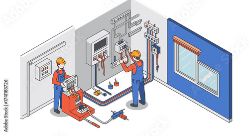 Electricians installing home automation system in isometric smart home concept