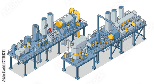 Isometric industrial machinery diagram with pipes and valves in blue and yellow
