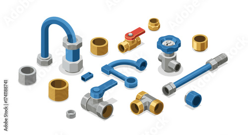 Comprehensive collection of isometric plumbing and industrial pipe fittings on white