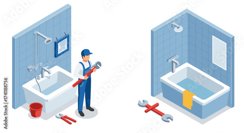 Isometric bathroom repair scene with plumber and tools