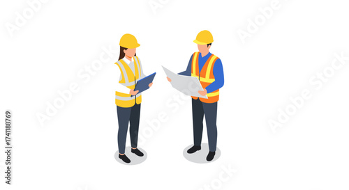 Isometric construction teamwork with blueprints and tablets
