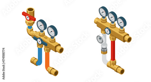 Isometric valve systems with pressure gauges and colored pipes