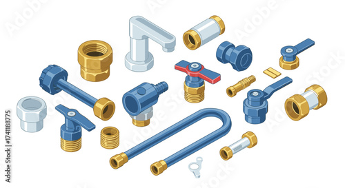 Isometric industrial plumbing parts in diverse colors and shapes