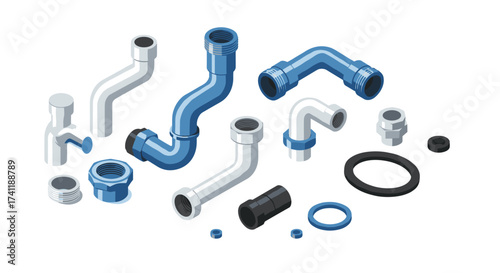 Isometric plumbing components and fittings collection for construction design