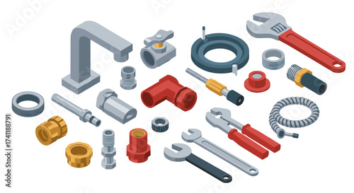 Isometric plumbing tools and parts collection for diy projects