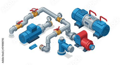 Isometric industrial machinery set featuring pumps and pipes with gauges