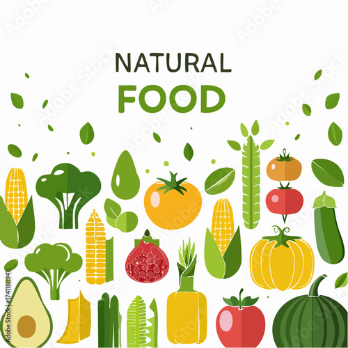 Natural food banner in flat style. Fruits and vegetables in simple geometric shapes.