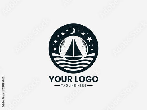 Peaceful dream boat voyage vector logo with sailing ship and star navigation for travel agency
