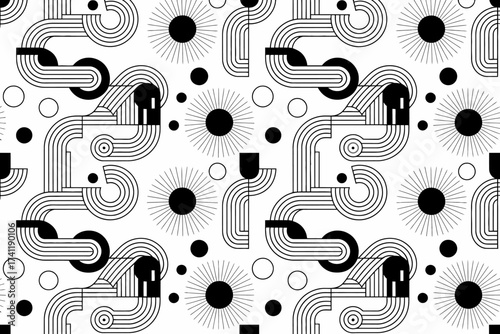 Abstract Geometric Pattern of Lines and Circles Black and White Monochrome Design Repetitive Background Illustration for Art and Decoration