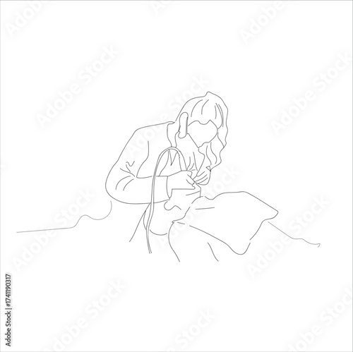 Dentist examining a male patient's teeth. line art