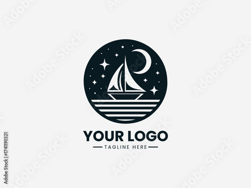 Peaceful dream boat voyage vector logo with sailing ship and star navigation for travel agency