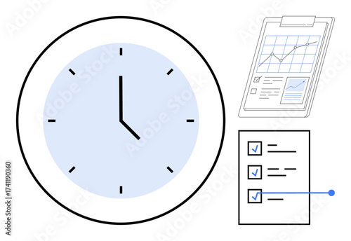 Clock emphasizing time, checklist for task tracking, and analytics chart represent efficiency, goal setting, organization, deadlines, planning, analysis and strategy. Ideal for productivity