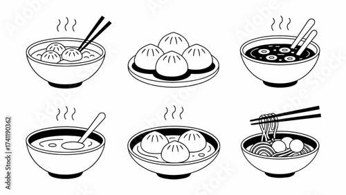 Assortment of Asian Cuisine Dumplings Soup and Noodles Delicious Meals Food Illustration Line Art