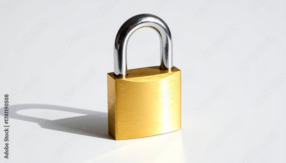 Fototapeta premium Brass padlock with silver shackle standing upright on light surface with neutral background