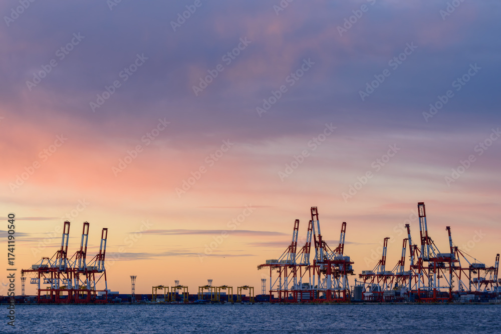 Obraz premium 早朝の港湾施設 ガントリークレーン