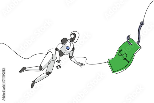 Single one line drawing robot dives and chases hook attached to a dollar bill. System malfunction in water. Trap. Hack. National Senior Fraud Awareness Day. Continuous line design graphic illustration