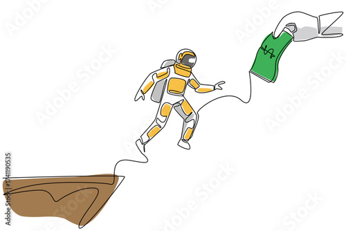 Single continuous line drawing astronaut jumps off cliff trying to reach a big hand holding a dollar bill. An attractive lure. National Senior Fraud Awareness Day. One line design vector illustration