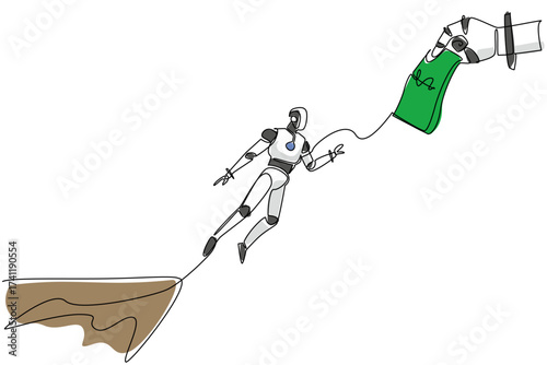 Single one line drawing robot jumps off a cliff trying to reach a big hand holding a dollar bill. System bug. Broken. National Senior Fraud Awareness Day. Continuous line design graphic illustration