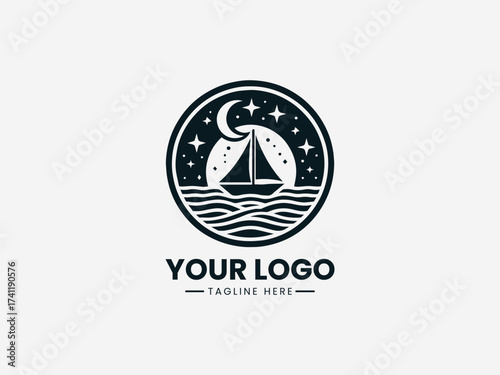 Peaceful dream boat voyage vector logo with sailing ship and star navigation for travel agency