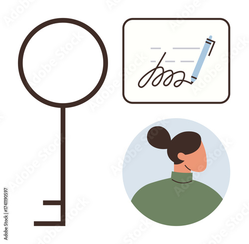 Large key alongside a female profile picture and a signature with pen stroke lines. Ideal for identity verification, security, access, authentication, privacy, contracts, simple flat metaphor