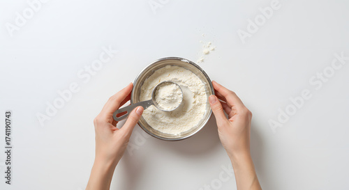 Woman measuring flour in bowl with spoon on white background  