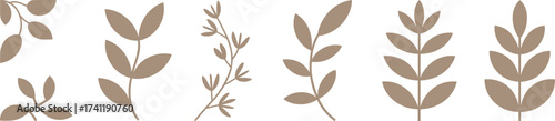 Minimalist botanical leaves illustration, modern plant silhouette set, natural foliage design, eco friendly organic pattern, decorative rustic brown artwork